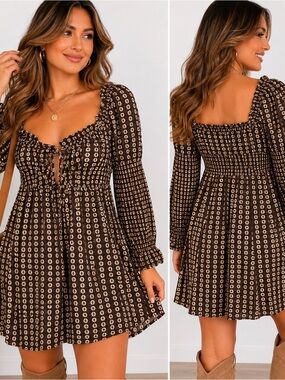 New Free People Boho Brown Print Smocked Babydoll Mini Dress Cottagecore
